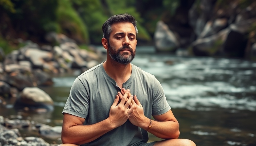 Man practicing meditation by riverside in nature
