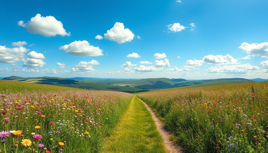 Serene meadow view of wildflowers and hills representing Yoga Nidra.