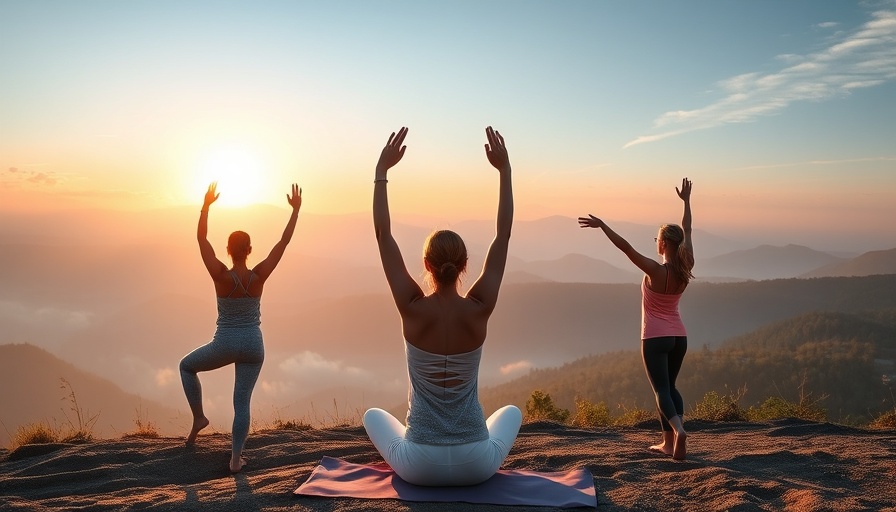 Women practicing Christian Yoga at sunrise with radiant mountain view.
