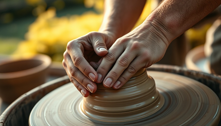 Skilled potter shaping clay outdoors, serene environment, artistry in focus.