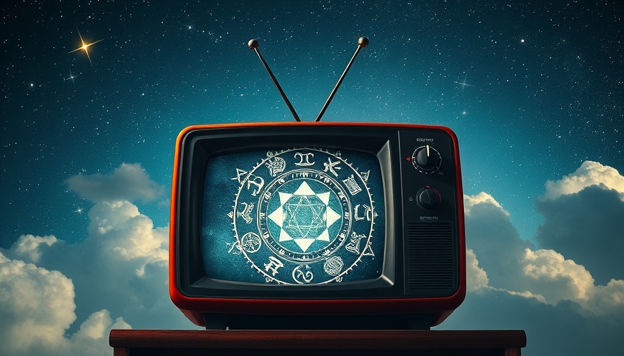 Retro TV with zodiac signs, tarot in cosmic setting, daily horoscope theme.