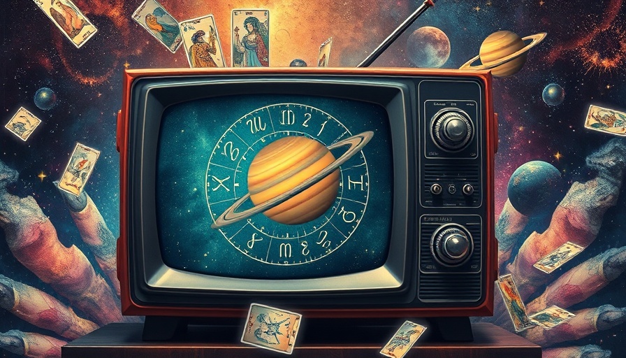 Horoscope on vintage TV with zodiac signs and tarot cards in cosmic background.