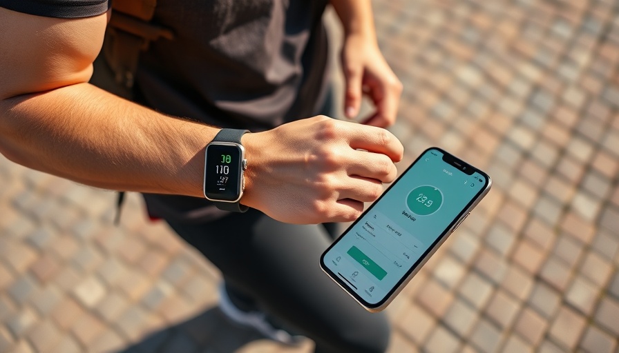 Person tracking aerobic fitness with smartwatch and smartphone outdoors.