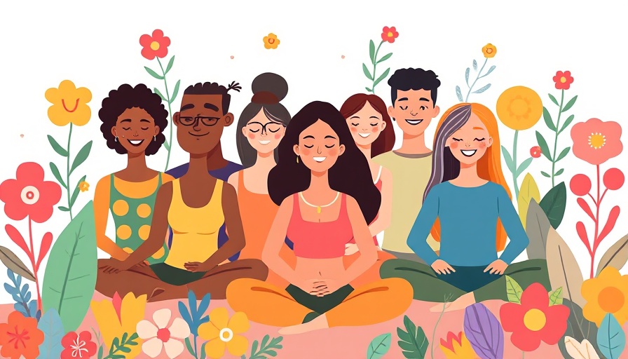 Mindfulness Retreat: diverse group meditating with abstract plants.