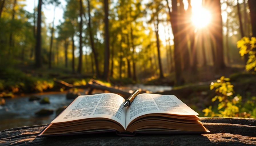 Open book by a sunlit creek providing spiritual nourishment.
