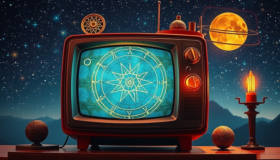 Retro TV displaying astrology symbols with tarot cards and cosmic elements for daily horoscope.