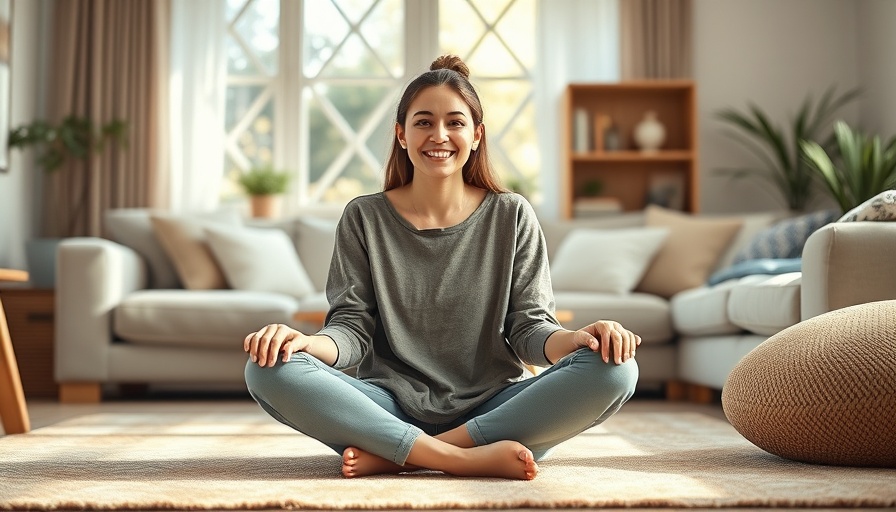 Young woman laughing in a bright living room, cozy setting.