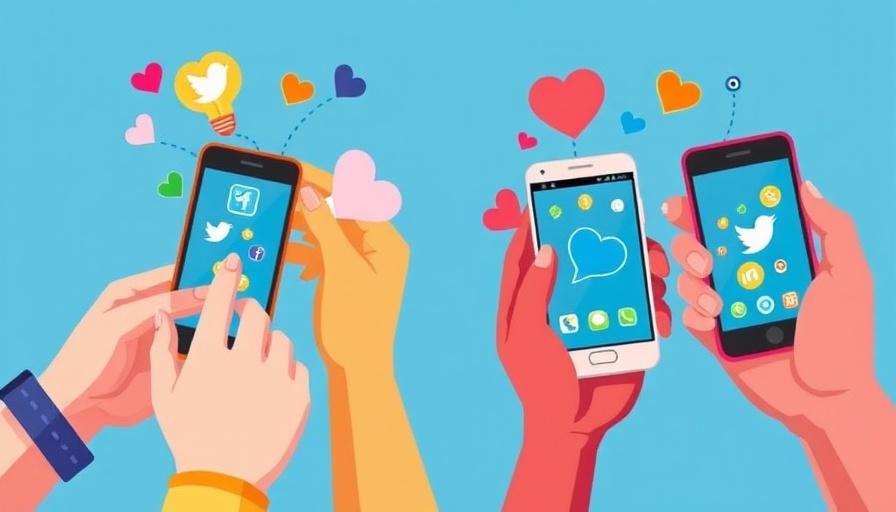 Illustration of diverse hands with phones showing social media icons, mindful social media habits.