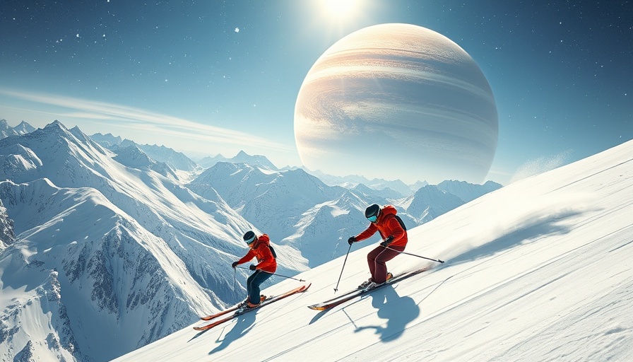Skiers on snowy slope with Pluto in Aquarius in background.