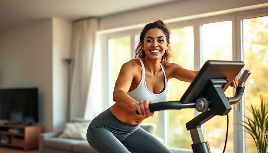 Young woman smiling, on stationary bike for endurance training at home.