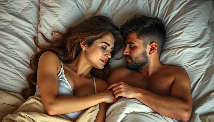 Intimate couple relaxing on a bed with cozy quilt background.