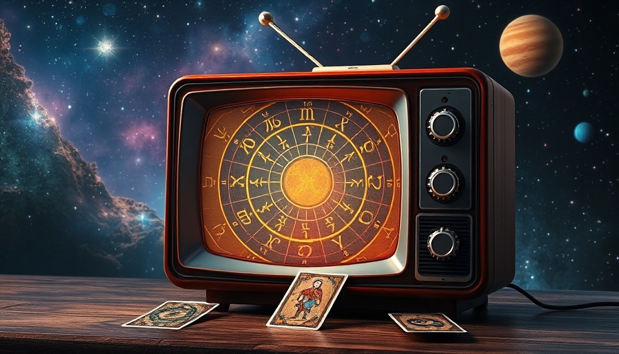 Vintage TV with zodiac signs and tarot under starry sky, daily horoscope.