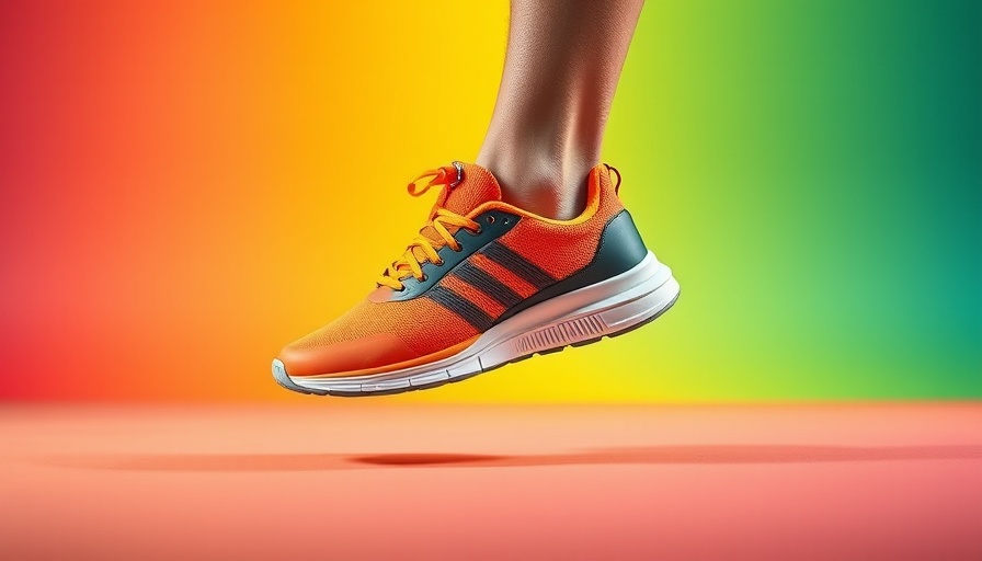 Running shoes for flat feet with dynamic collage backdrop.