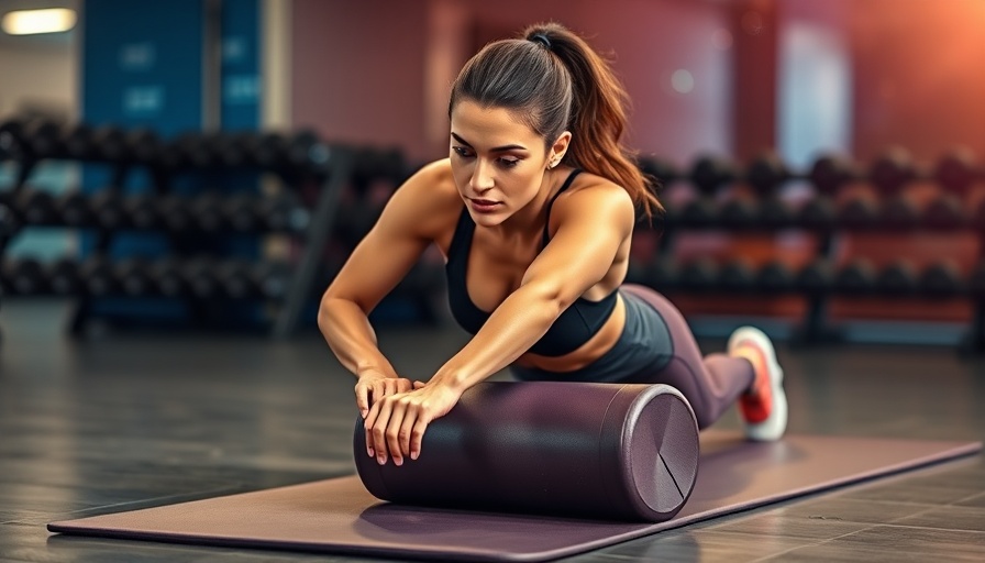 Woman practicing foam rolling exercises in a gym.