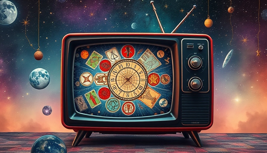 Retro TV with zodiac signs and tarot cards in cosmic collage.