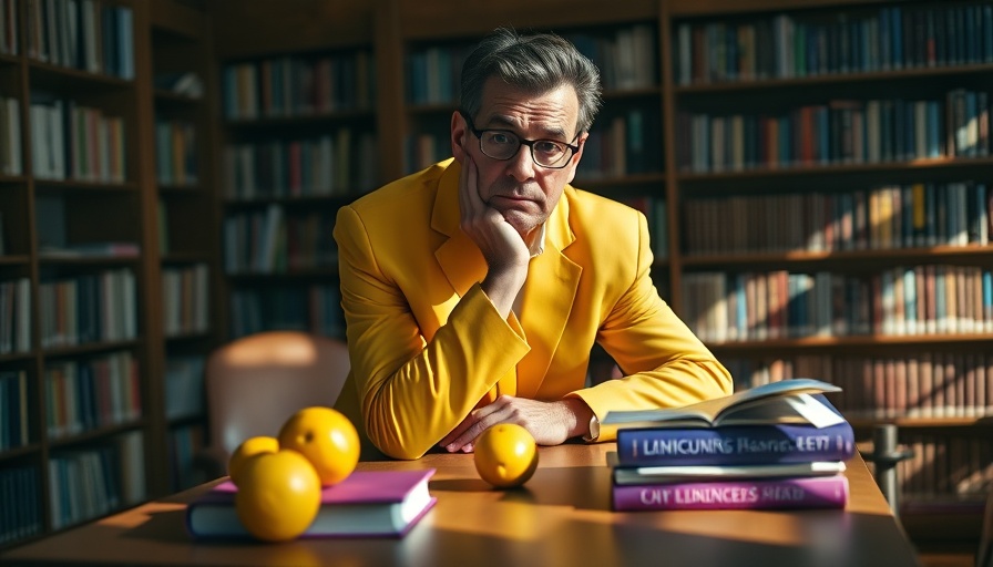 Introspective scene in library, person in yellow suit leaning on desk.