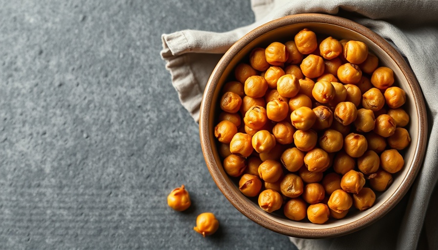 Roasted chickpeas in a bowl on a textured surface.
