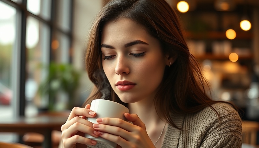 Young woman enjoying coffee, cozy cafe ambiance, coffee gut health.