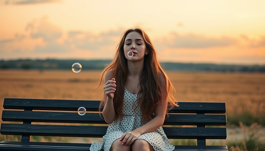Woman blowing bubbles in open field for a relaxing moment.