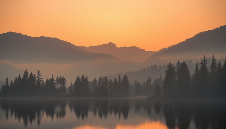 Hazy sunset over mountain lake, reflecting poor Air Quality Index.