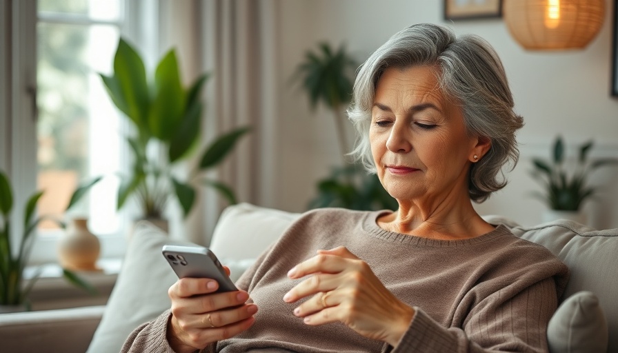 Mature woman experiencing menopause, using smartphone in cozy living room.