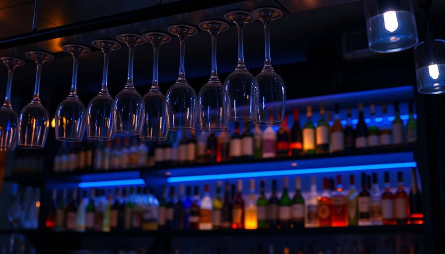Hanging wine glasses in dimly lit bar, alcohol and health theme.