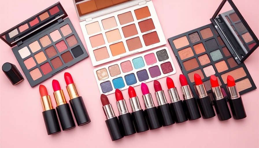 Diverse beauty products, lipsticks and palettes, vibrant colors, modern display.