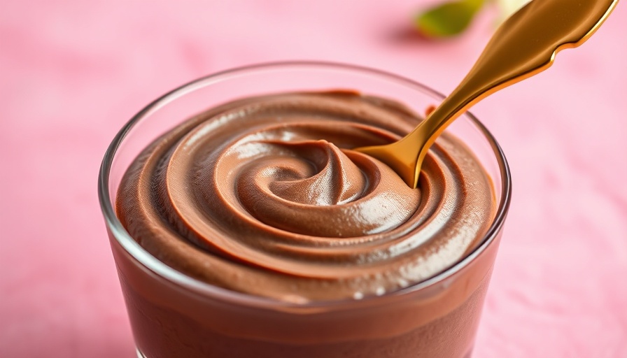 Exquisite chocolate mousse showcasing cooking skills, in glass dish on pink background.