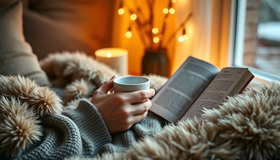 Cozy self-care scene with person reading and drinking tea.