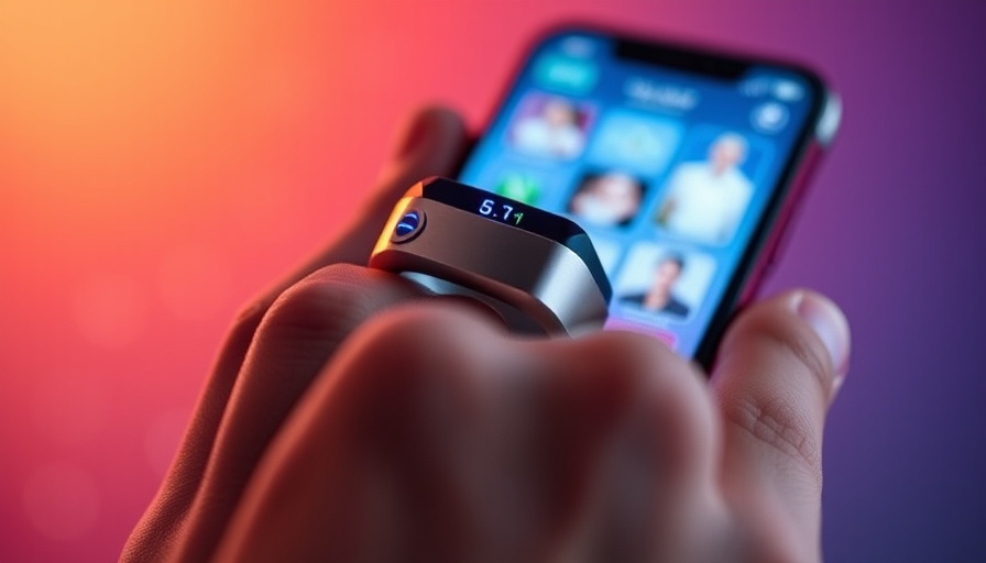 Smart ring with glowing sensors and phone app in digital montage.