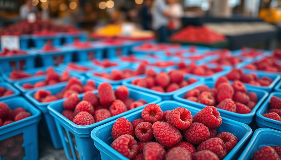 Vibrant raspberries at market highlighting berry freshness.