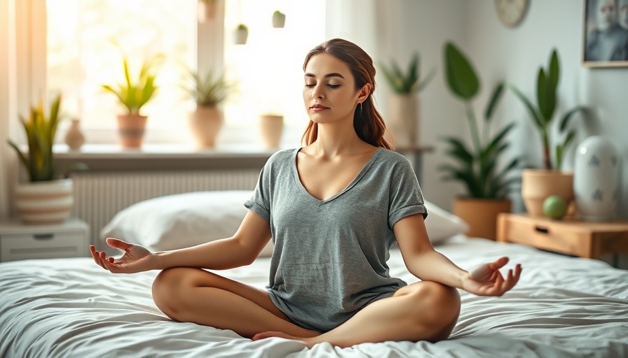 Woman meditating on bed for pelvic floor health in serene bedroom.