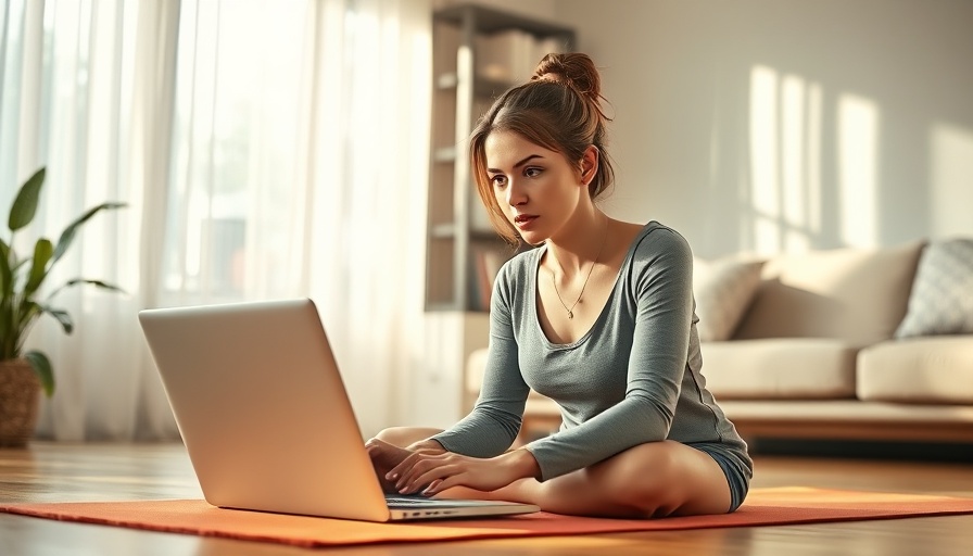 Young woman focused on fitness goals using laptop on yoga mat.