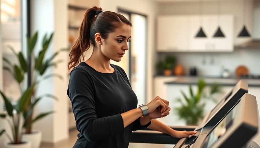 Woman using treadmill, checking smartwatch in modern living room, Health Tech Awards.