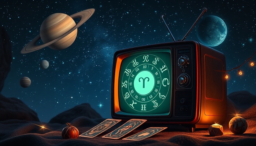 Retro TV with zodiac signs and tarot cards in cosmic setting