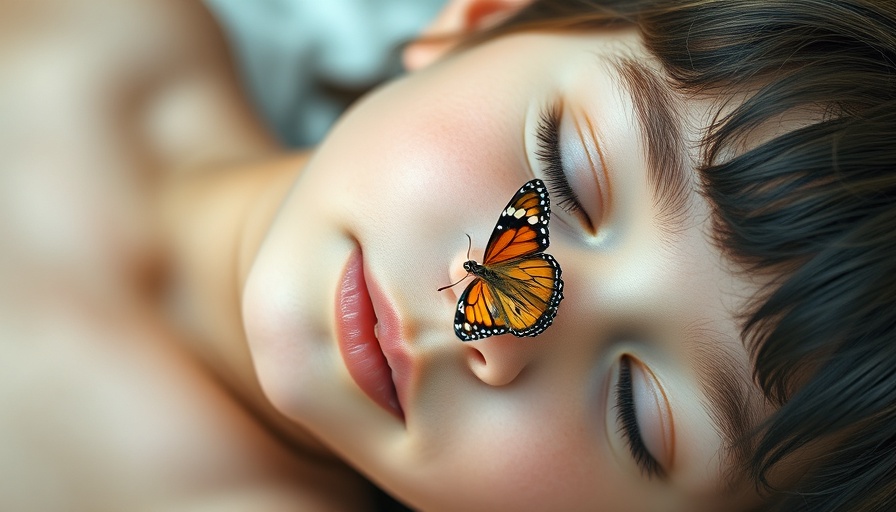Serene expression with butterfly, related to pore breathing concept.