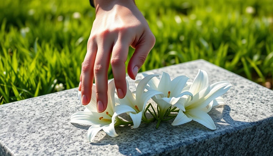 Serene hand touching lilies on a grave, Yoga and the Bardo connection.
