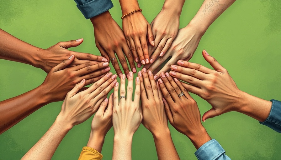 Illustration of a diverse group of hands gathered together symbolizing unity for mindfulness and racial healing.
