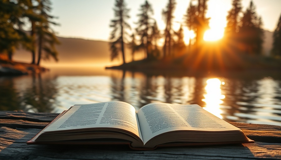 Serene morning by a lake with journal and coffee, peaceful Christian yoga setting.