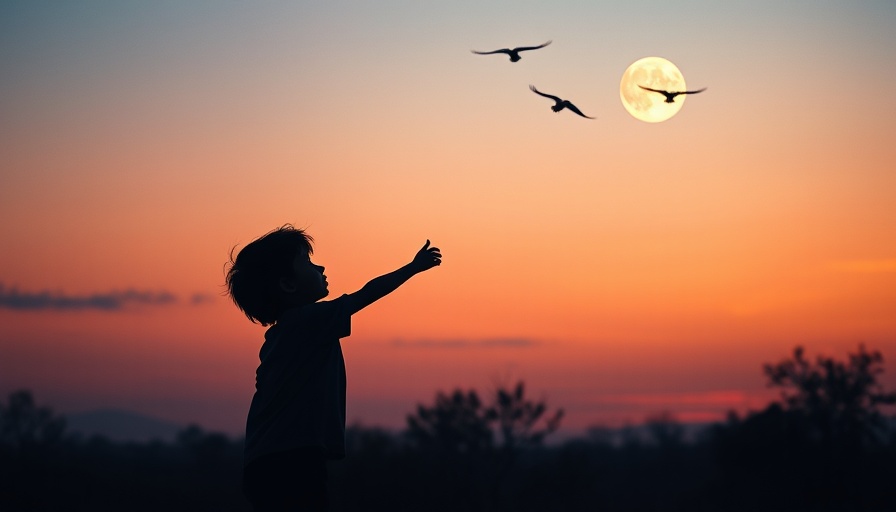 Silhouette of child reaching for the moon amid birds, twilight.