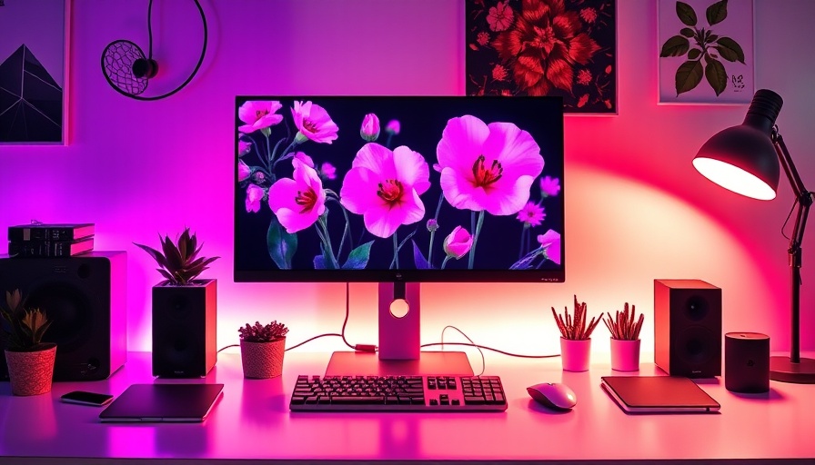 Colorful workspace with pink and purple lighting, promoting mindfulness in yoga.