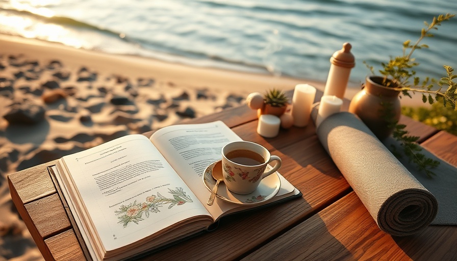 Serene setup with journal and yoga mat at beach, Christian and Yoga theme.