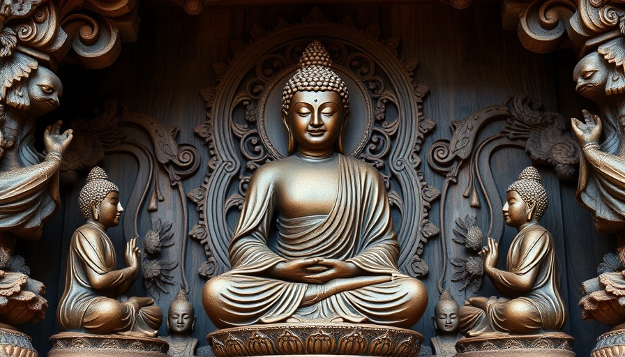 Intricate wooden carving depicting serene Buddha with devotees in meditation, embracing yoga inner bliss.