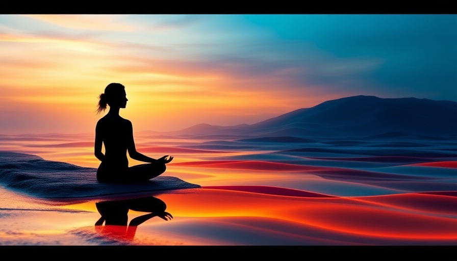 Abstract meditation silhouette in a vibrant landscape for mindful yoga.