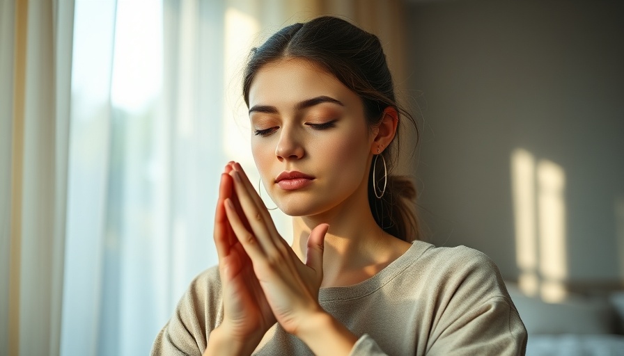 Serene visualization in meditation, hands together, serene ambiance.