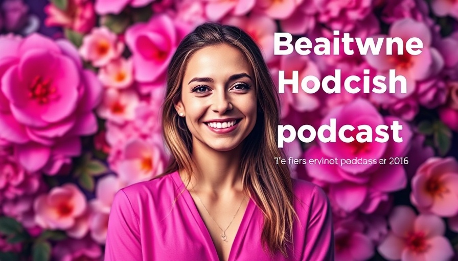 Mindful yoga podcast promotion with a smiling woman and floral background.