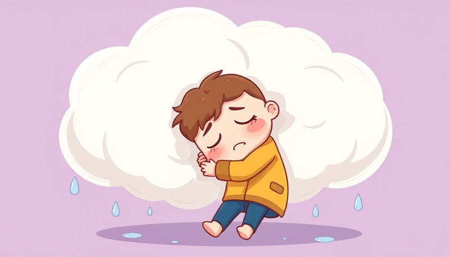 Cartoon cloud hugging a sad person, playful illustration.