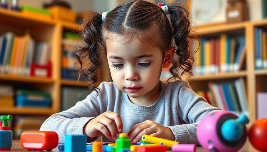 Mindful young girl playing with educational toys in classroom.