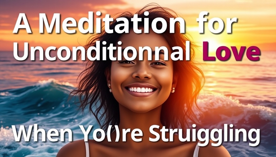 Mindful yoga meditation graphic with serene woman and sunset waves.