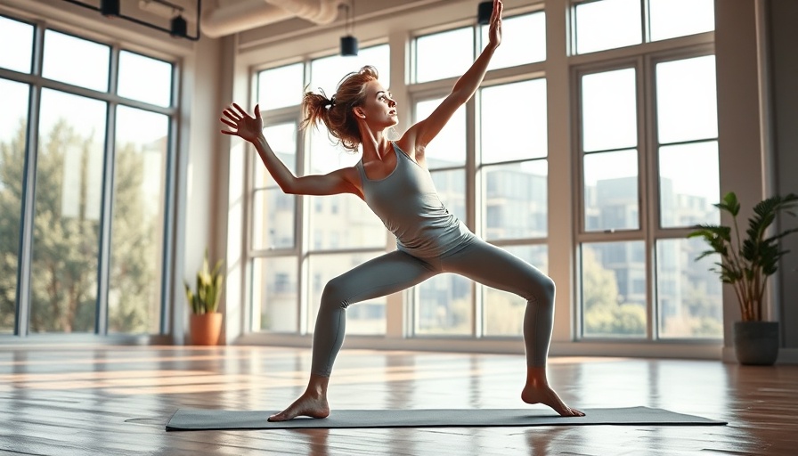 Vitality Yoga energetic woman in flowing yoga pose in modern studio.